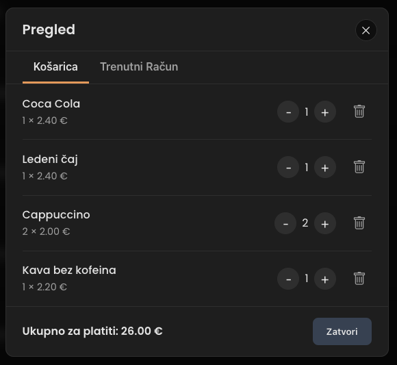Košarica — pregled i izmjena količina